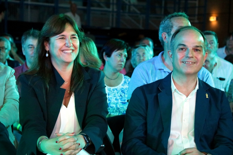 Laura Borràs, left, with Jordi Turull, right, in Argelès-sur-Mer on June 4, 2022 (by Natàlia Segura)